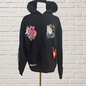 Black Graphic Hoodie Praying Hands Flames Streetwear Skater Indie Small